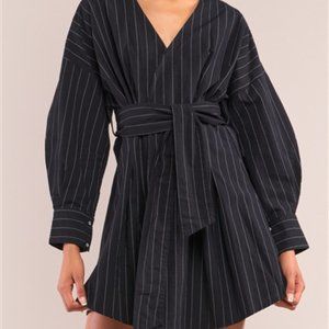 Navy Pinstriped Long Balloon Puff Sleeve